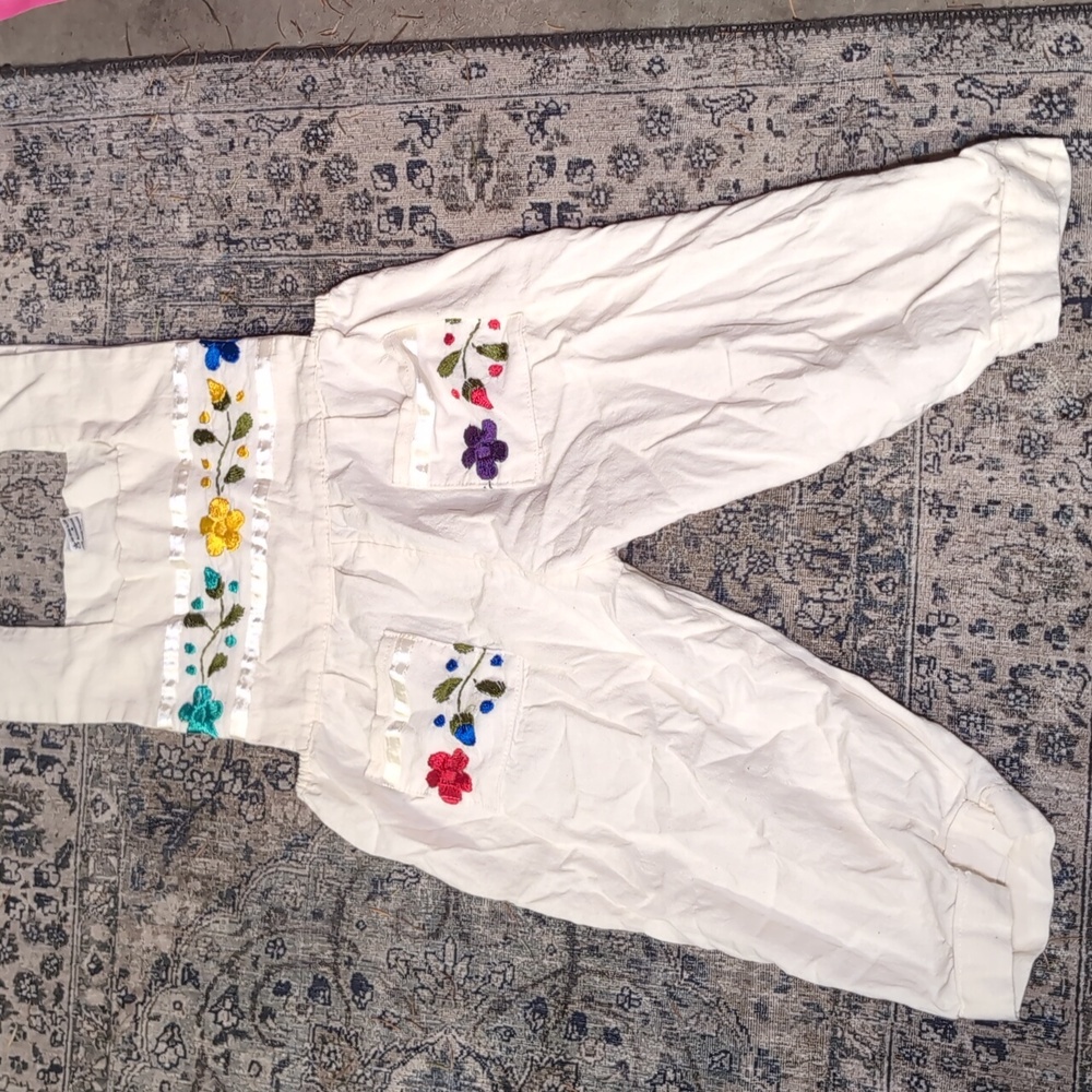 Kids Size 6 Vintage White Jumpsuit Overalls with Colorful Floral Embroidery